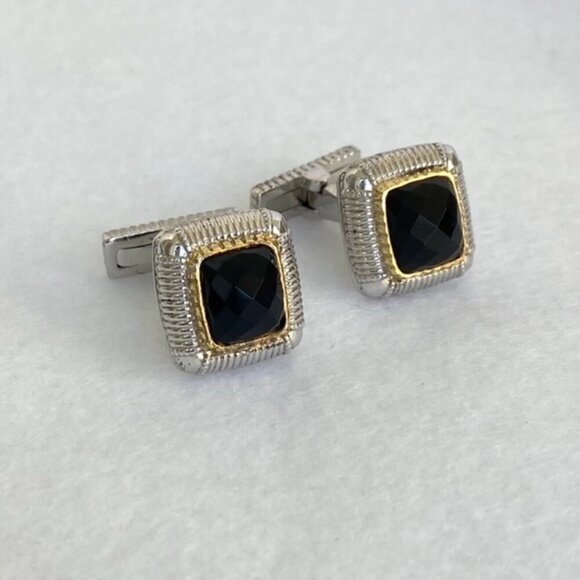 Judith Ripka Sterling Silver 925 18K Yellow Gold Faceted Black Onyx Cuff Links - Picture 4 of 16